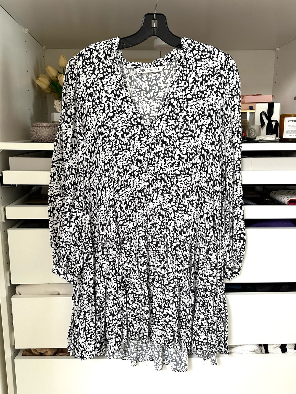 Zara Black and White Long Sleeve Floral Tiered Dress